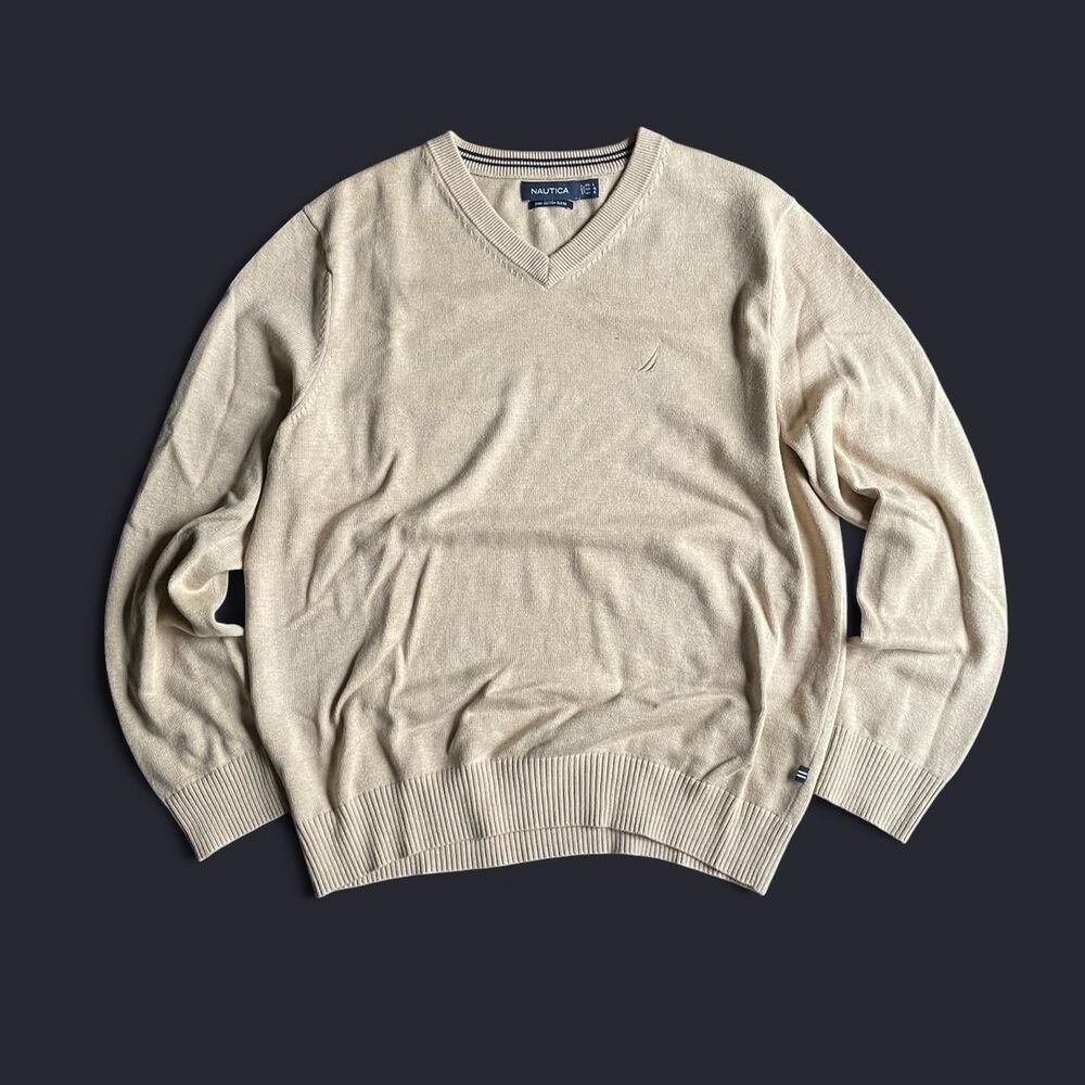 V neck golf sweater Pima cotton blend tan beige men’s large nautica